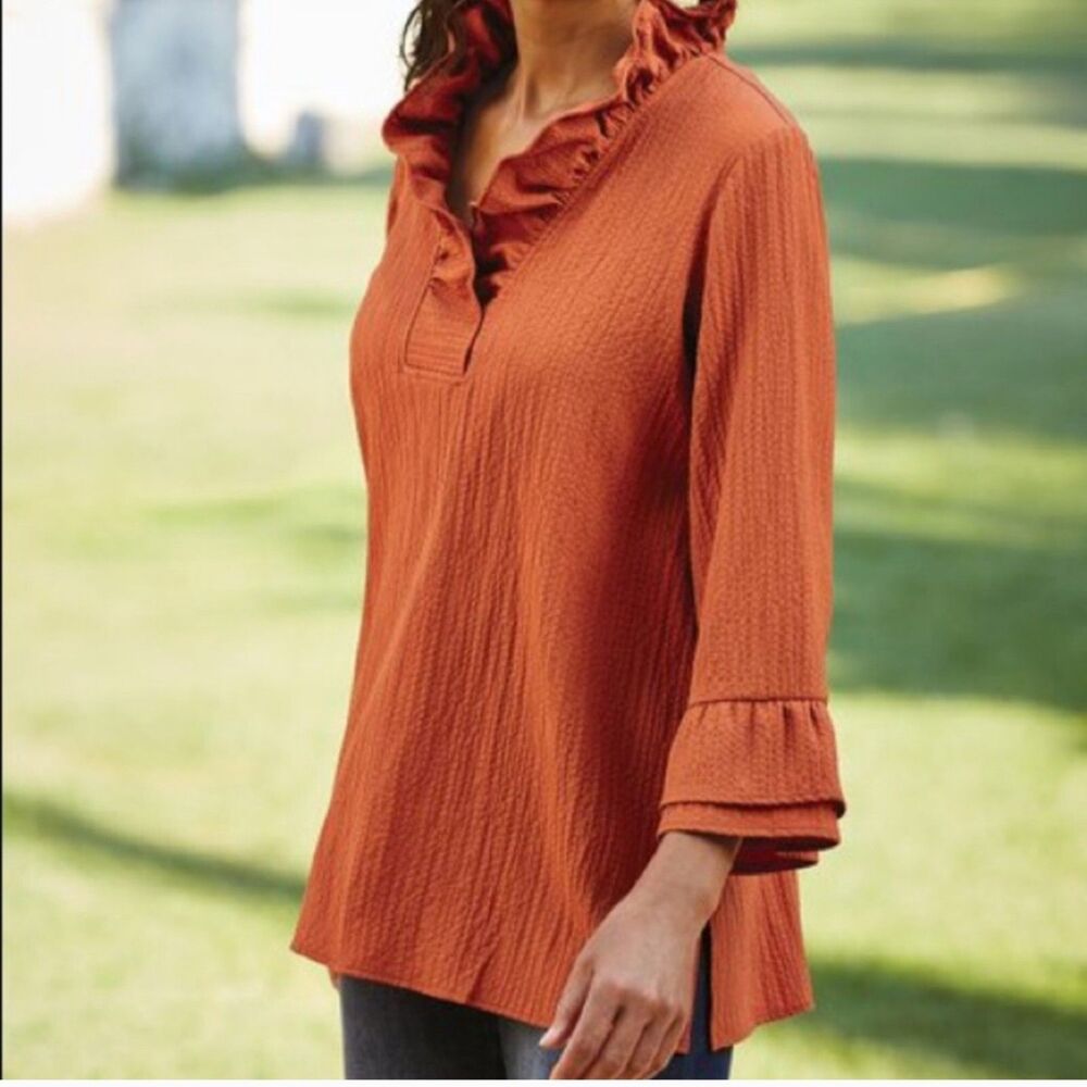 Soft Surroundings Constance Top Womens Small Orange Ruffle Collar Sleeve 2BV51